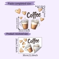 Detail showing self-adhesive coffee theme wall sticker sheet and layout reference dimensions - 20x30cm/HY-F409