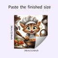 Dettaglio adesivo murale gatto chef per cucina con dimensioni e indicazioni per la posa - 34x34cm