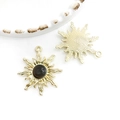 Golden sun alloy pendant with deep brown gemstone inlay for DIY jewelry design - Ink Black Sun Flower (15950) / 1 Piece (27x30mm) / Gold