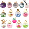 DIY jewelry kit with 13 colorful glass bottle pendants featuring dried flowers and sequins - Mixed Glass Bottle Pendants (SN453) / 14 Pieces Set / Colorful