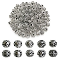 Retro 9mm hollow silver alloy spacer beads with floral and heart patterns for DIY jewelry - Mixed Styles (SN236) / 10 Pieces Pack / Antique Silver
