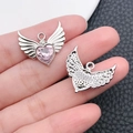 Pink heart pendant with angel wings and crystal inlay for DIY jewelry and keychains - Silver Tone Pink Zirconia (16383)