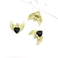 Golden heart wing pendant charms with black faceted stones and rhinestones for DIY jewelry - Gold Tone Black Zirconia (16384)