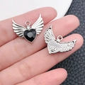 Silver wing heart pendant with black faceted gem for DIY jewelry and keychains - Silver Tone Black Zirconia (16385)