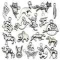 Antique silver animal charms set featuring elephants and cats for DIY jewelry making - Mixed 20 Animal Styles Set