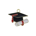 Alloy graduation cap and scroll charm pendant with black and red enamel finish - Black Graduation Hat Style