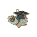 Alloy graduation charm with black mortarboard, red tassel, books and rose pendant - Scholar Cap Flowers Style