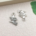 Antique silver witch riding broom pendant for DIY jewelry making and craft projects - Halloween Little Wizard (8705) / 10x16mm