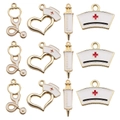 12pcs gold medical charms set with stethoscope heart and nurse cap enamel pendants - Mixed Medical Series Set (M430)