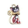 Pendentif chat doré mignon avec motifs en émail coloré et nœud pour bijoux DIY - Chat multicolore motif grille (19111) / 1 Pièce (21x13mm)