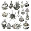 15-piece antique silver marine charms set featuring shells, starfish and seahorses - Mixed 16pcs Antique Silver Ocean Shell Conch Set (SN811)
