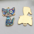 Pendentif chat en alliage avec émail mosaïque géométrique coloré et placage doré - Chat Géométrique Bleu (19132)