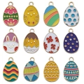 Close-up of twelve Easter egg alloy enamel pendants with colorful rabbit and floral patterns - Mixed 12pcs Easter Eggs Set