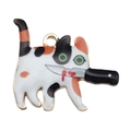Calico cat enamel charm with a knife for DIY jewelry making and keychains - Funny White Black Orange Spotted Cat (19125)