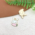 Cute white bunny alloy pendant with pink carrot and textured gold metal back for DIY crafts - White Bunny Lying on Carrot (17506)