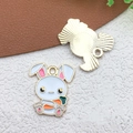 Cartoon white rabbit enamel charm for DIY jewelry making with gold-plated metal back - White Bunny Holding Carrot (18536)