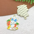 DIY jewelry charm set with gold-plated alloy and white rabbit enamel with blue bow - Bunny with Two Carrots (18545)