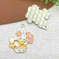 Cartoon white bunny alloy pendant with pink flower and golden textured back for DIY jewelry - Bunny with Flowers (18548)