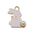 Golden bunny pendant with white enamel, pink bow, and pearl tail for DIY jewelry - Dotted Rabbit Style (11940)