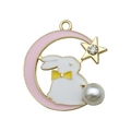 Easter bunny and moon alloy pendant with pink enamel, rhinestones and faux pearl - Moon White Rabbit Style (15540)