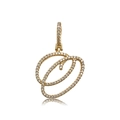 Hip hop style gold cursive letter pendant with pavé crystals on white reflective surface - Letter O (16087)