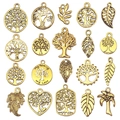 Detailed set of 20 golden tree of life and leaf charms for DIY jewelry making - Tree and Leaf Series (SN888) / 20 Pieces Set / Antique Gold