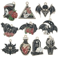 Gotische Halloween-Anhänger Set mit Fledermäusen, Rosen, Totenköpfen und dunklen Designs - Emaille Schwarzer Sensenmann Fledermaus Halloween Stil (SN945)