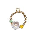 DIY floral round pendant with white flower and green butterfly charm in gold finish - Wreath White Cherry Blossom (19015)