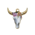 Bohemian style alloy bull skull pendant with floral pattern and gold plated horns - Pink Rose Cluster Style (19044)