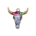Enamel cow skull pendant with colorful floral patterns and golden textured horns - Red Rose Art Style (19046)