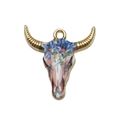 Bohemian bull skull alloy pendant with colorful floral patterns and gold plating - Blue And Lavender Floral Style (19047)