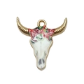Golden alloy bull skull pendant with white enamel and colorful floral patterns - Vintage Red And Green Scroll Style (19049)