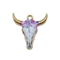 Bohemian bull skull alloy pendant with golden horns and pink floral oil drip patterns - Pink And Purple Dainty Floral Style (19050)