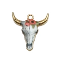 Bohemian gold bull skull pendant with red floral patterns and spiral horns - Vintage Red Flower And Leaf Style (19051)