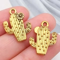 Golden cactus alloy pendants with floral details for DIY jewelry making and bracelets - Western Cowboy Cactus with Flower (19231)