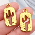 Golden cactus hollow pendant with hammered texture and rectangular frame for DIY jewelry - Western Cowboy Hollow Cactus (19242)