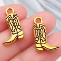 Pair of golden alloy cowboy boot charms for DIY jewelry making with black enamel details - Western Cowboy Boot Shoes (19253)