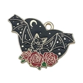 Gotischer Herzanhänger mit schwarzer Fledermaus, Mondsichel und roten Rosen in Gold-Finish - Herz Rose Fledermaus Mond Stil (19352)