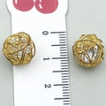 Golden woven wire stud earrings with clear round cubic zirconia stones, 10mm diameter - Gold Hollow Wire Ball (19839)