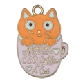 Enamel orange cat in purple teacup pendant with A Good Day Starts With Coffee text - Orange Cat Pink Cup