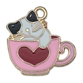 Pink teacup cat alloy pendant with a red heart and metal ring for jewelry making - White Cat in Pink Cup