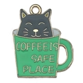 Enamel black cat in green coffee cup charm pendant with Coffee Is Safe Place text - Gray Cat Green Cup