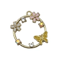 Golden flower and butterfly alloy pendant with pink white enamel and crystal accents - Enamel Rhinestone Lotus Ring Yellow Butterfly (19001) / 28x27mm