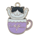 Enamel black and white cat in purple Cafe coffee cup charm pendant for jewelry making - White Cat Purple Cup