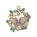 Golden alloy butterfly wreath pendant with purple enamel and sparkling rhinestones - Pink Butterfly Rhinestone Wreath (19610) / 29x28mm