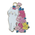 Pendentif chat blanc avec fleurs colorées en alliage doré pour bijoux DIY - Chat aux Fleurs Blanc