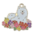 Pendentif en émail avec chien et fleurs en alliage doré pour bijoux artisanaux - Chien Samoyède Fleur Blanche