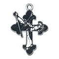 Gothic silver and black enamel cross pendant featuring a central angel engraving - Angel Figure Cross Pendant (19387)