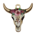 Golden bull skull charm with pink floral bohemian design for DIY jewelry making - Single Piece / Rose Red