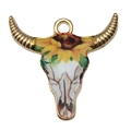 Bull skull pendant with sunflower pattern and golden metallic border for DIY jewelry - Single Piece / Yellow